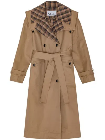 Ganni Checkered-lapel Belted Trench Coat In Brown