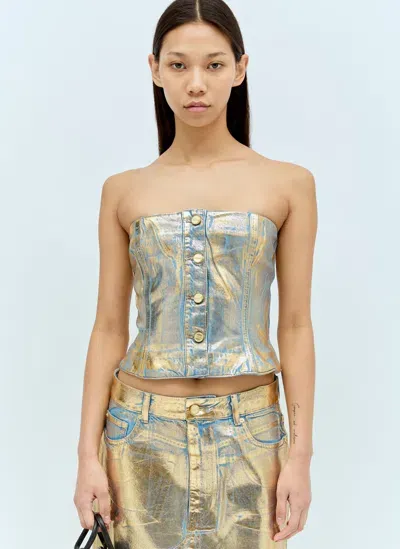 Ganni Blue Metallic Denim Bandeau Top In Gold