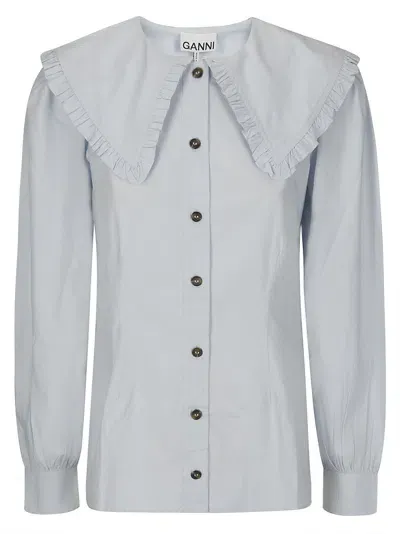 Ganni Cotton Poplin Frill Collar Shirt In Blue