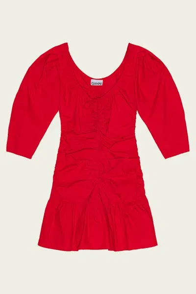 Ganni Cotton Poplin Gathered U-neck Mini Dress In Racing Red