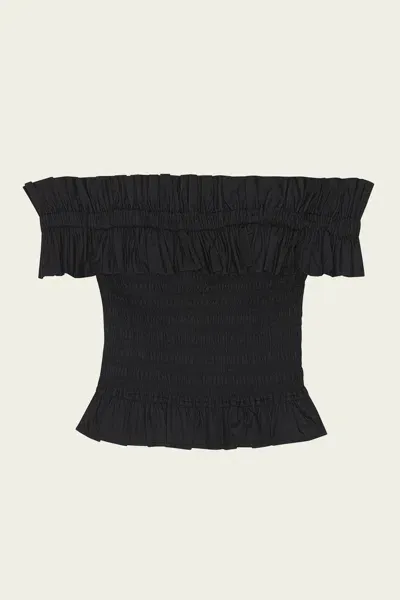 Ganni Cotton Poplin Off-shoulder Smock Top In Black