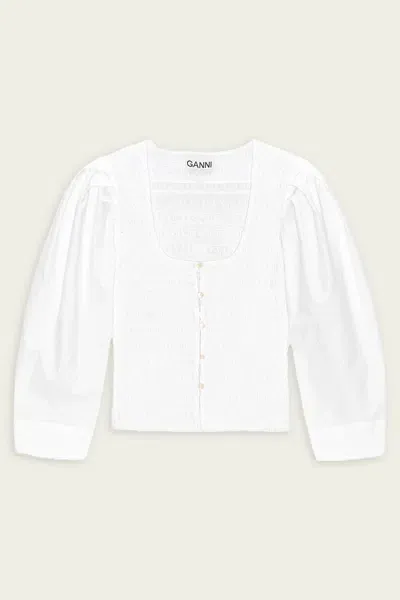 Ganni Cotton Poplin Smock Blouse In Bright White