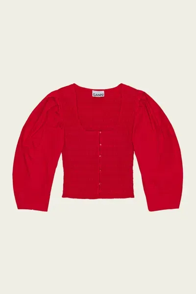 Ganni Smocked Poplin Blouse In Red