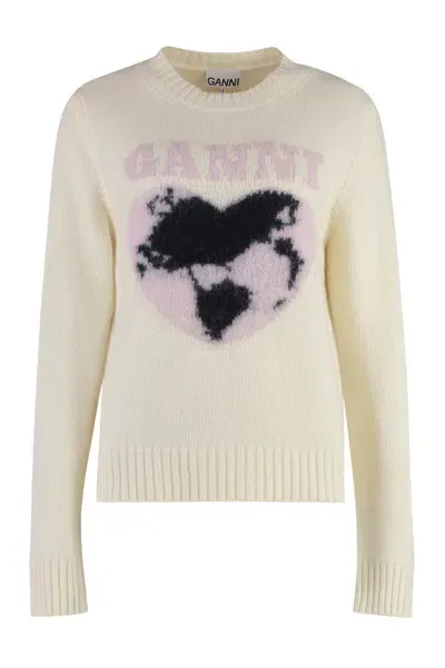 Ganni Crew-neck Wool Sweater In Ivory