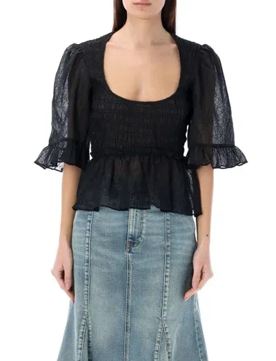 Ganni Crinckle Georgette Blouse In Black