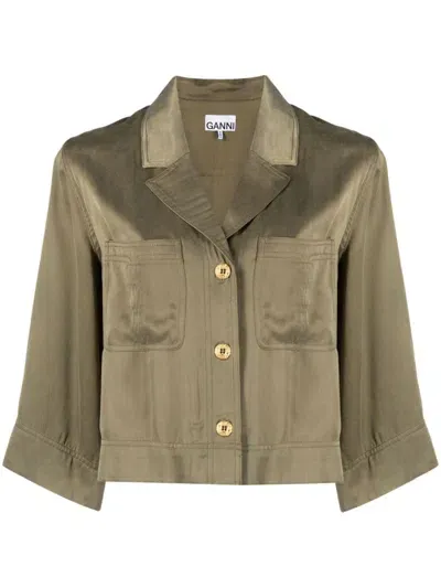 Ganni Cropped Satin Shirt In Green