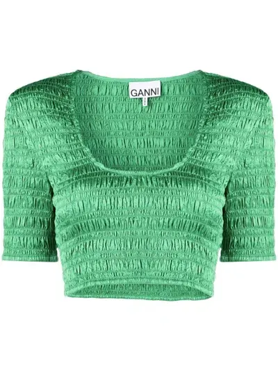 Ganni Smocked-satin Cropped Top In Green