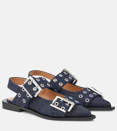 Ganni Denim Slingback Flats In Blue