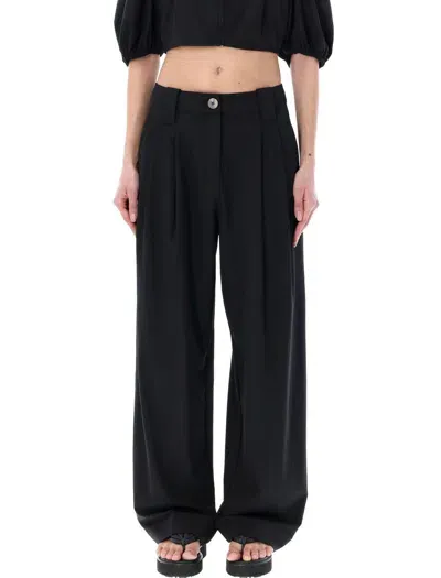 Ganni Drapey Melange Loose Pleat Pants In Black