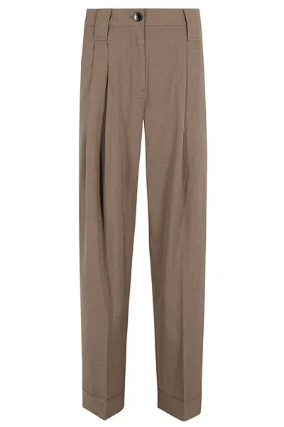 Ganni Drapey Melange Mid Waist Pleat Loose Pants In Braun