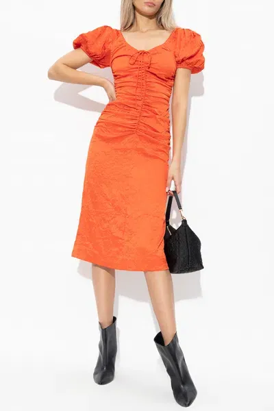 Ganni Dress With Puff Sleeves In Orange