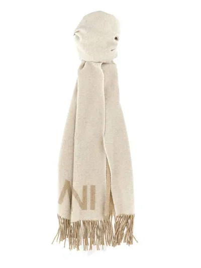 Ganni Egret Wool Logo Scarf In White