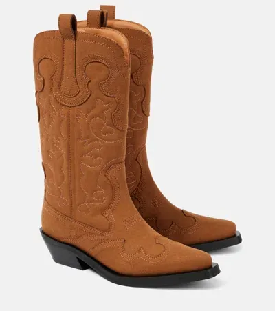 Ganni Embroidered Faux Leather Cowboy Boots In Brown