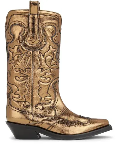 Ganni Embroidered Metallic-effect Western Boots In Bronze