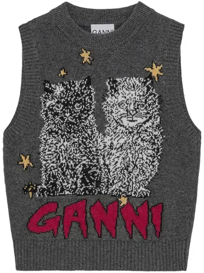 Ganni Embroidered Sleeveless Vest In Grey