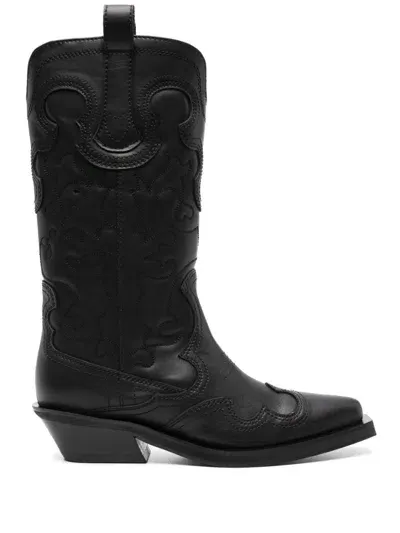 Ganni Embroidered Western Boots In Black