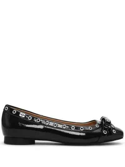 Ganni Eyelet-detail Bow Ballerina Shoes In Black