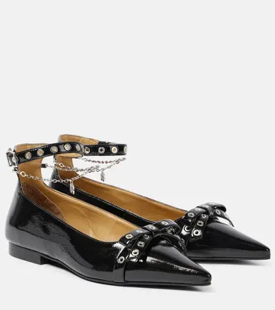 Ganni Eyelets Jewel Faux Leather Ballet Flats In Black