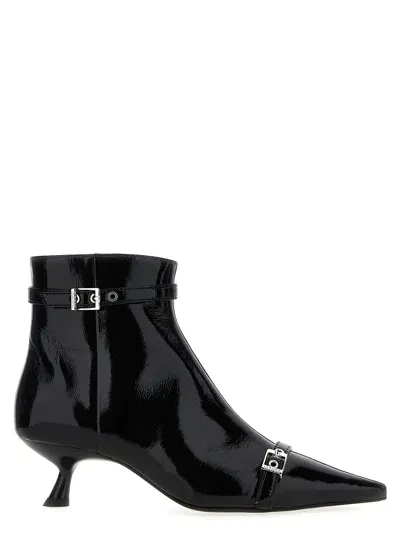 Ganni Womens Black Buckle-embellished Pointed-toe Faux-leather Ankle Boots