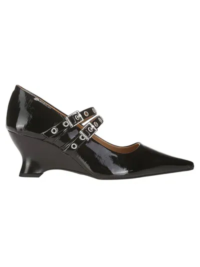 Ganni Black Eyelets Low Wedge Heels