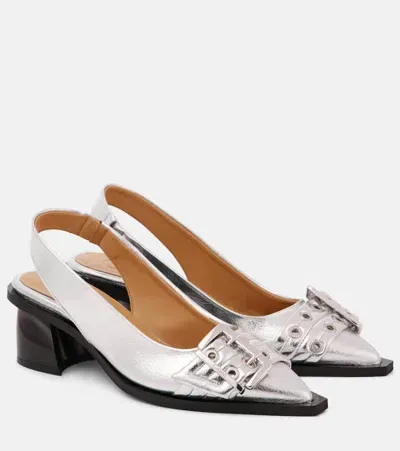 Ganni Faux Leather Slingback Pumps In Silver