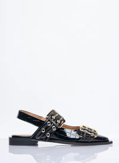 Ganni Feminine Buckle Ballerina Flats In Black