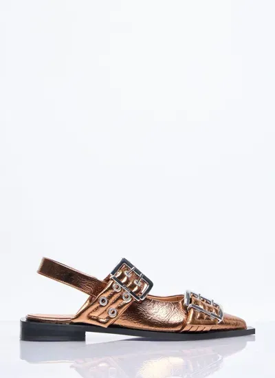 Ganni Feminine Buckle Ballerina Flats In Gold