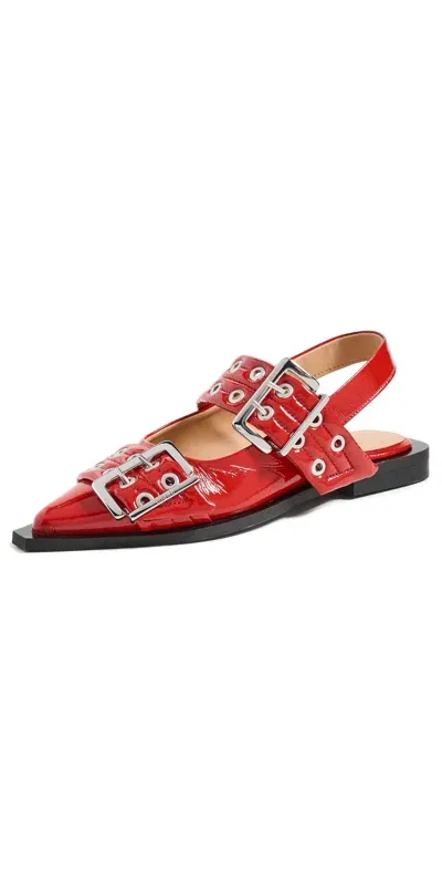 Ganni Feminine Buckle Ballerina Napalack Flats Racing Red