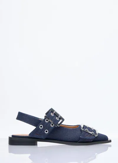 Ganni Feminine Denim Buckle Ballerina Flats In Blue