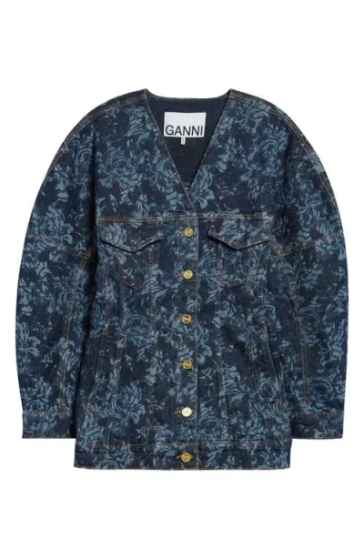 Ganni Floral Denim Trucker Jacket In Mid Blue Stone