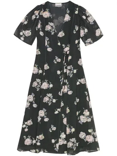 Ganni Floral-print Crepe Wrap Midi Dress In Black