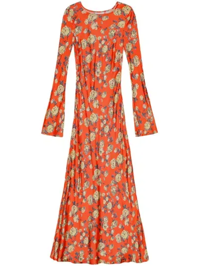 Ganni Floral-print Satin Maxi Dress In Orange