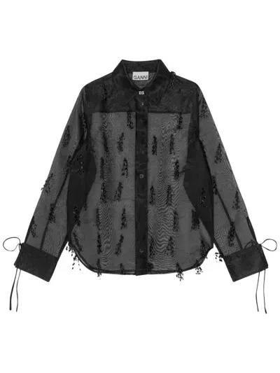 Ganni Fringed Organza Shirt In Black