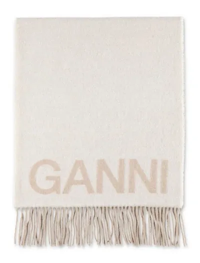 Ganni Fringed Wool Scarf In Neutrals