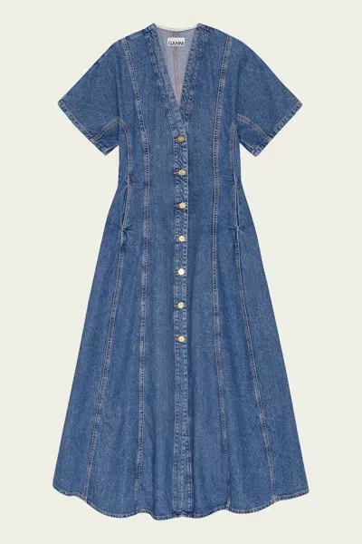 Ganni Future Denim Maxi Dress In Mid Blue Stone In Brown