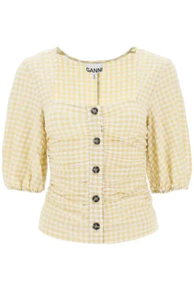 Ganni Gathered Blouse With Gingham Motif In Mixed Colours