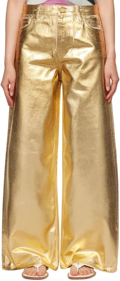 Ganni Foil Cotton Denim Wide Jeans In Gold