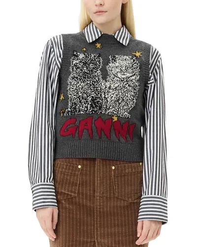 Ganni Graphic Cats Vest In Gray Quill