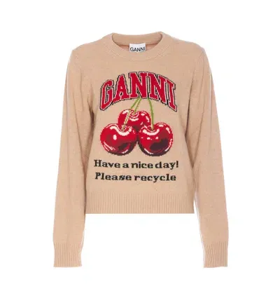 Ganni Graphic Cherry Logo Sweater In Beige