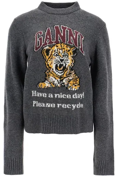 Ganni Graphic Pattern Pullover Sweater In Grey