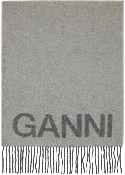 Ganni Gray Fringed Wool Scarf In 523 Frost Gray