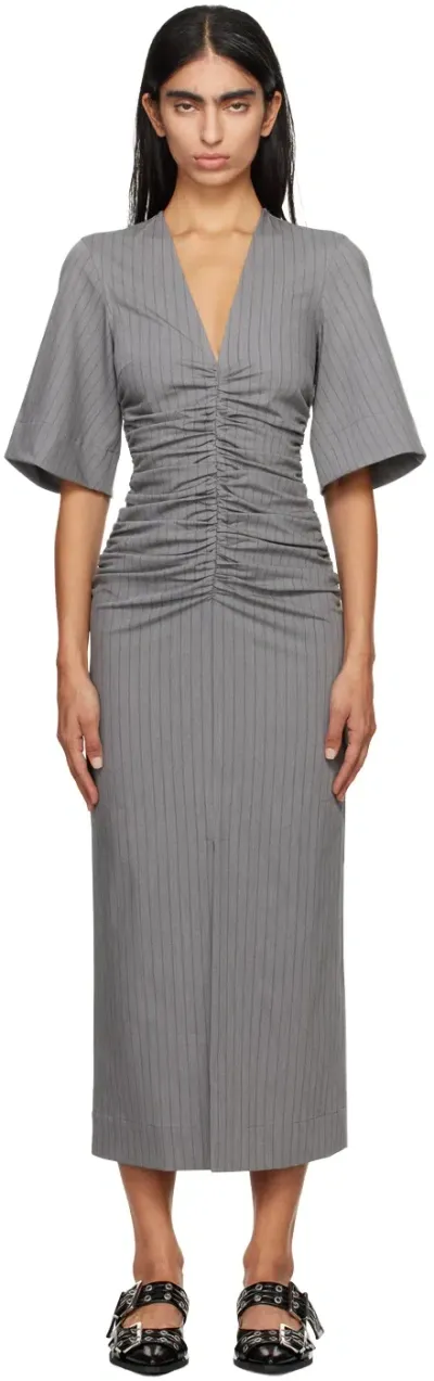 Ganni Gray Striped Suiting Midi Dress In 039 Mirage Gray