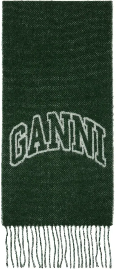 Ganni Green Fringed Wool Scarf In 809 Forest Night