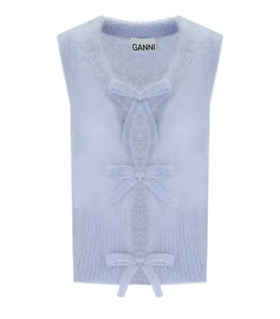 Ganni Heather Blue Sleeveless Cardigan With Bows In Hell Blau