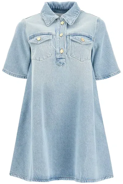 Ganni Cutline Denim Mini Dress In Mid Blue Vintage