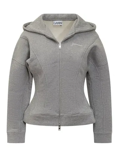 Ganni Heavy Fleece Zipper Hoo In Grey