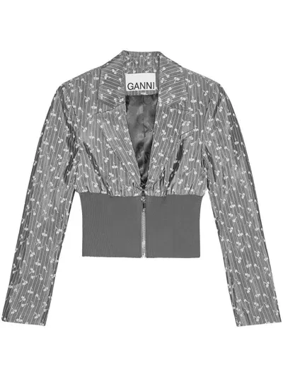 Ganni Jacquard Cropped Blazer In Smoked Pearl