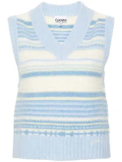 Ganni Stripped Sleeveless Knitted Top In Sky Blue