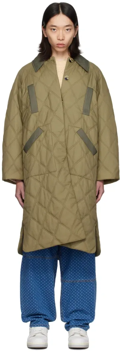 Ganni Khaki Quilted Coat In Kalamata