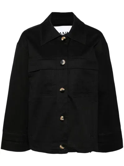 Ganni Knot-detail Canvas Shirt Jacket In Schwarz